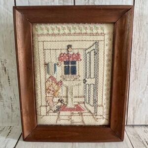 Vintage Framed Cross Stitch Girl Bathroom Scene Pedestal Sink Wood Frame Art